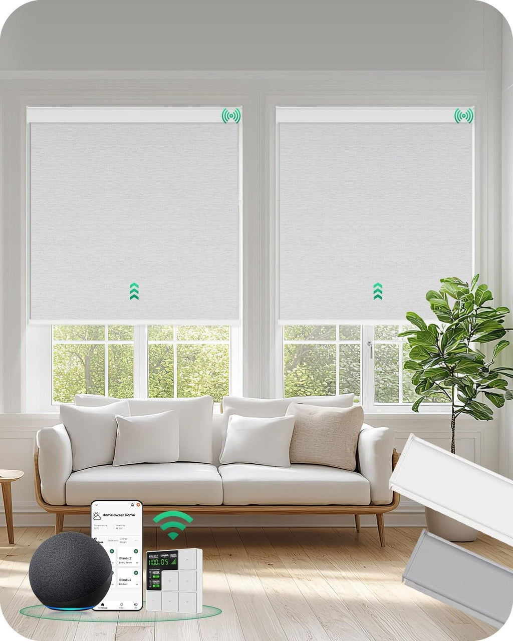 Allesin Motorized Roller Blinds – Rechargeable Smart Shades with Remote & Quiet Motor, Top/Bottom Aluminum Rails, Alexa-Compatible for Window (Custom Size, 100% Blackout Fog-Slub)