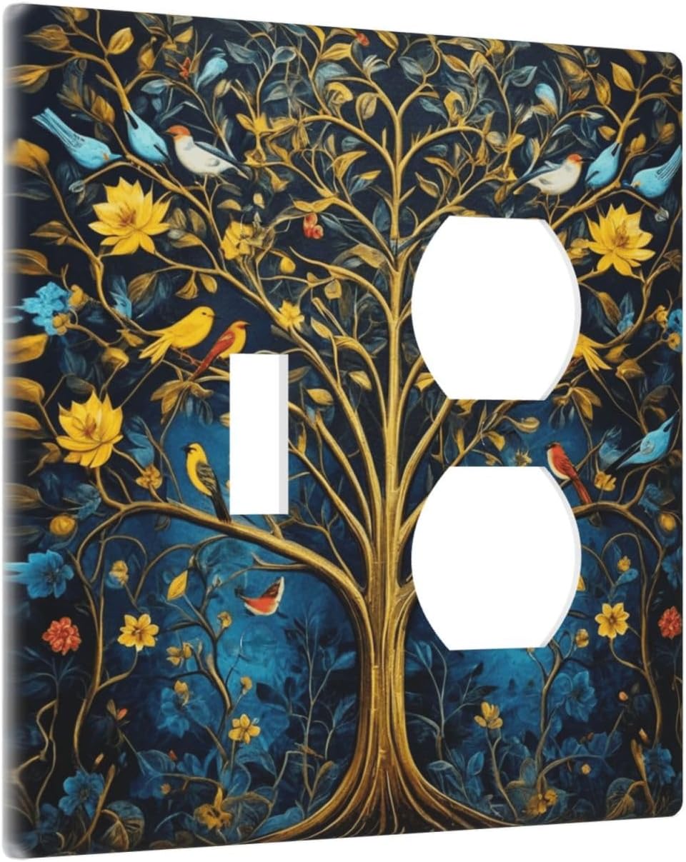 Decorative Outlet Covers Gold Tree of Life Blue Bird Yellow Flower 2 Gang Wall Plate Single Toggle Duplex Light Switch Cover Switch Plate Covers Faceplate for Bedroom Home Decor