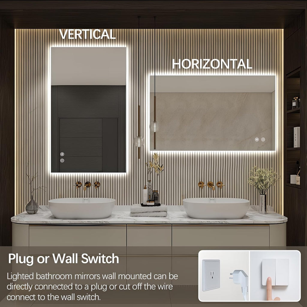 Niccy Led Mirror for Bathroom, 40"x24" Frameless Backlit Mirror for Wall Lighted Mirror with Bedroom 3 Color, Defogger, Explosion-Proof, HD Glass and IP65 Vanity Mirror Horizontal or Vertical