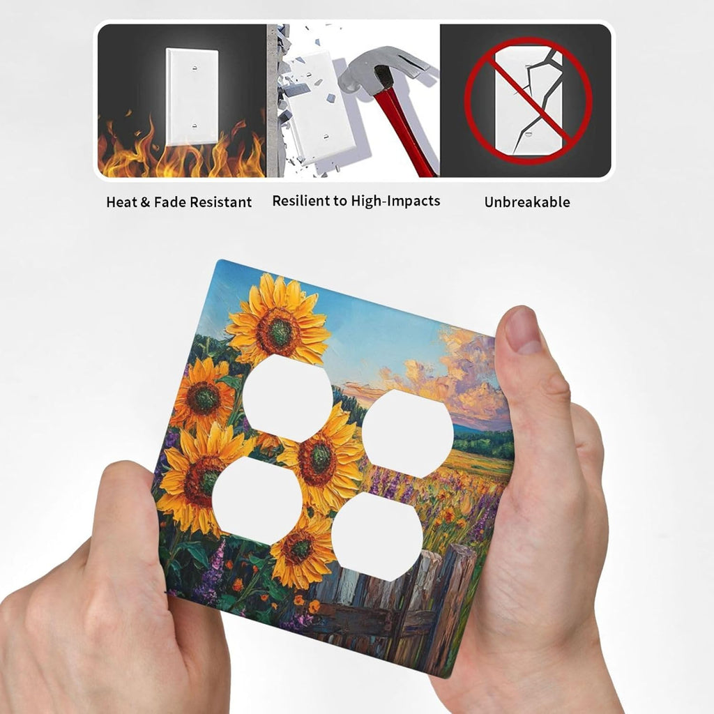 Decorative Outlet Covers Rustic Wilderness Sunflower Lavender Muzha Oil Painting 2 Gang Wall Plate Cover Double Duplex Receptacle Light Switch Cover Plate Faceplate