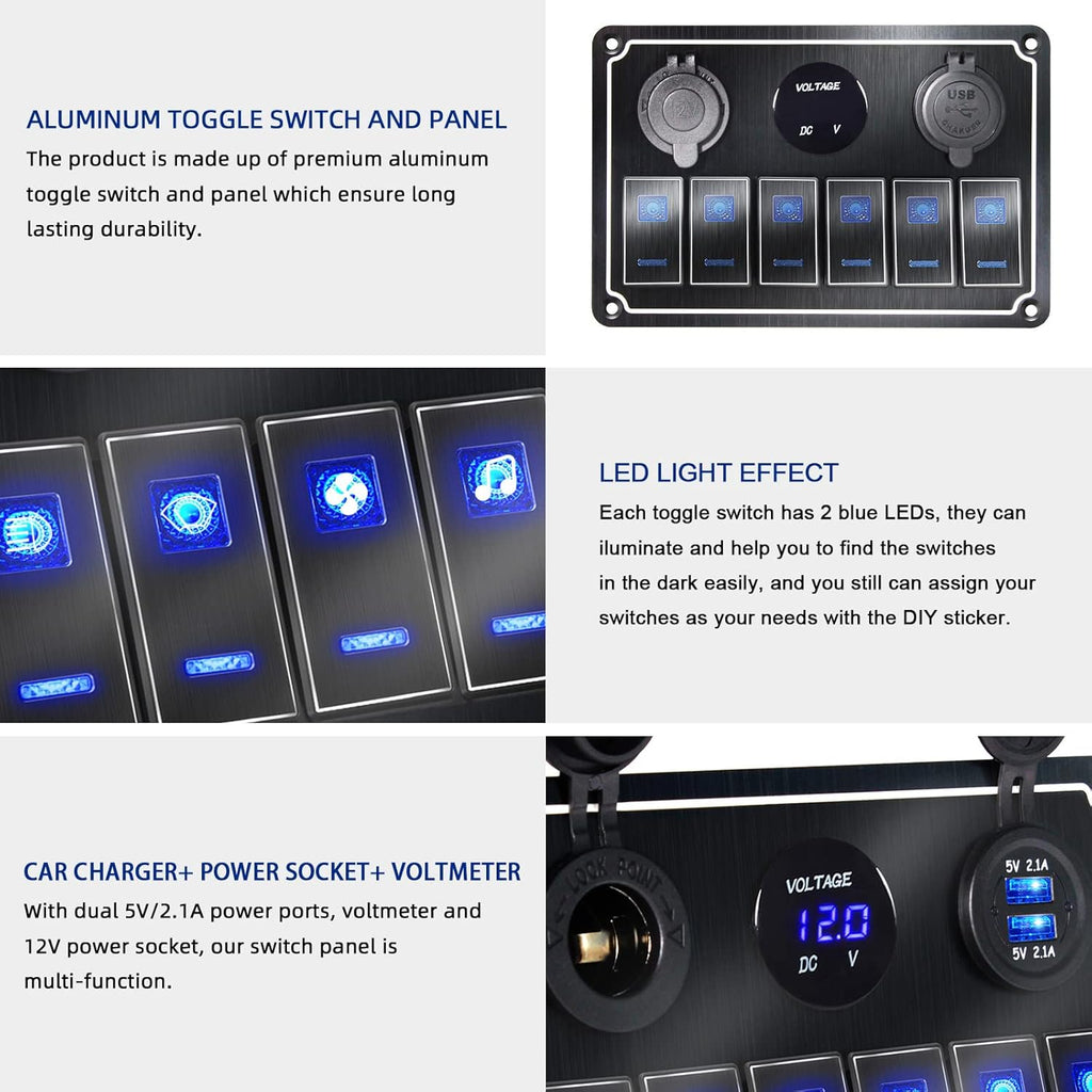 Waterproof Toggle Switch Panel 6 Gang 12V/24V Aluminum Rocker Switch Panel with Dual USB Charger Socket Voltmeter, Pre-Wired Multi-Function Switch Panel for Automotive RV Truck Vehicles