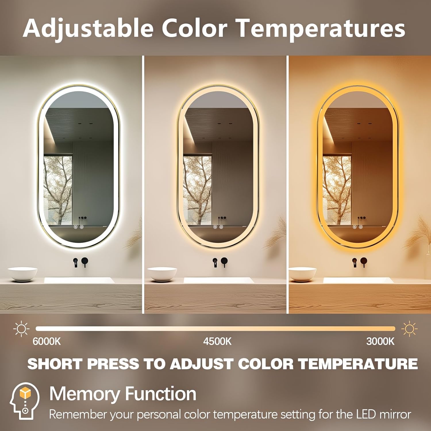 Niccy Oval LED Mirror for Bathroom, 48x24 Front Lit + Backlit Vanity Mirrors with Light Anti-Fog, Shatter-Proof, 3 Colors, Makeup Mirror with Old Gold Frame (Horizontal/Vertical)