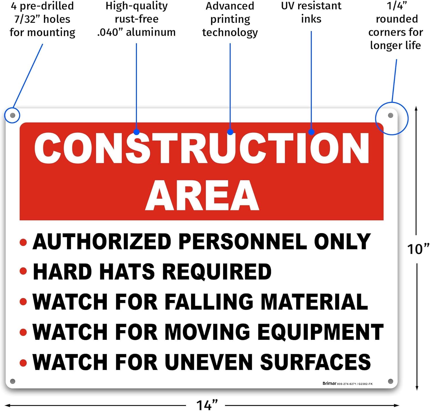 Brimar 14"x10" Construction Area Rules Sign - Aluminum, Weatherproof, Clear Rules and Guidelines, Essential Safety Signage for Construction Sites.