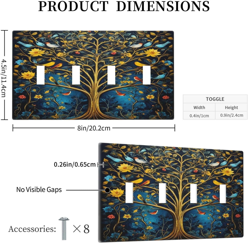 Gold Tree With Birds Flowers on Branches Light Switch Covers Quad Toggle 4 Gang Wall Plate Decorative Switchplate Electrical Faceplate for Farmhouse Bathroom Living Decor