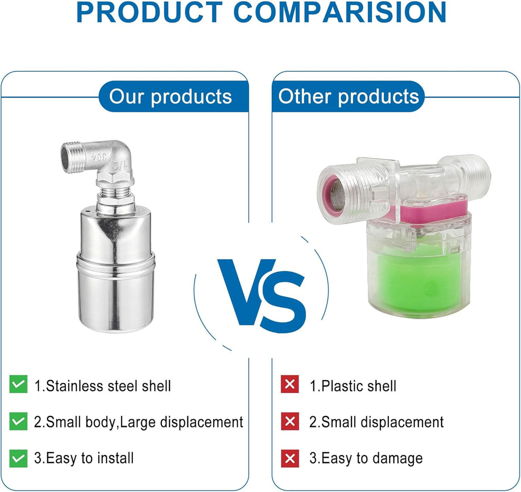 Mornajina 1/2" 3/4" 1" Automatic Float Valve, 304 Stainless Steel Fully Automatic Water Level Control Float Valve, Auto Shut Off Ball Mini Float Valve for Pool, Fish Tank, Livestock Troughs, Pond