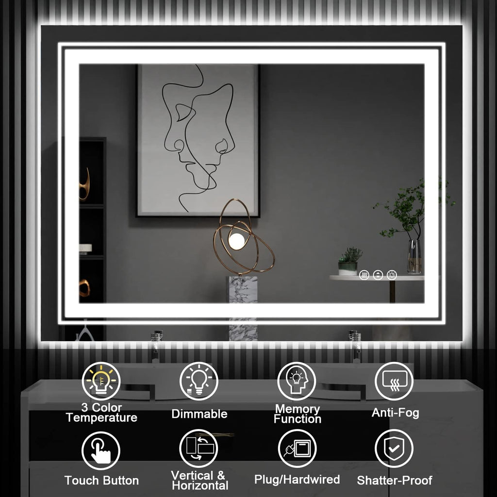 LED Bathroom Mirror, 48"X36" with Front and Backlit, Anti-Fog, Large Bathroom Vanity Mirror for Wall, Memory Function, Stepless Dimmable, Tempered Glass (Horizontal/Vertical)
