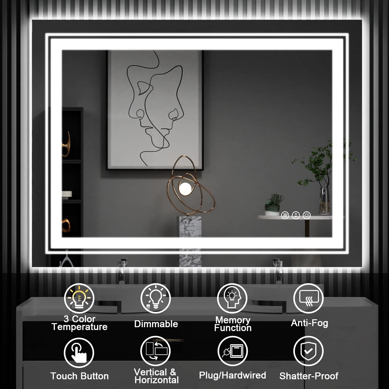 LED Bathroom Mirror, 48"X36" with Front and Backlit, Anti-Fog, Large Bathroom Vanity Mirror for Wall, Memory Function, Stepless Dimmable, Tempered Glass (Horizontal/Vertical)