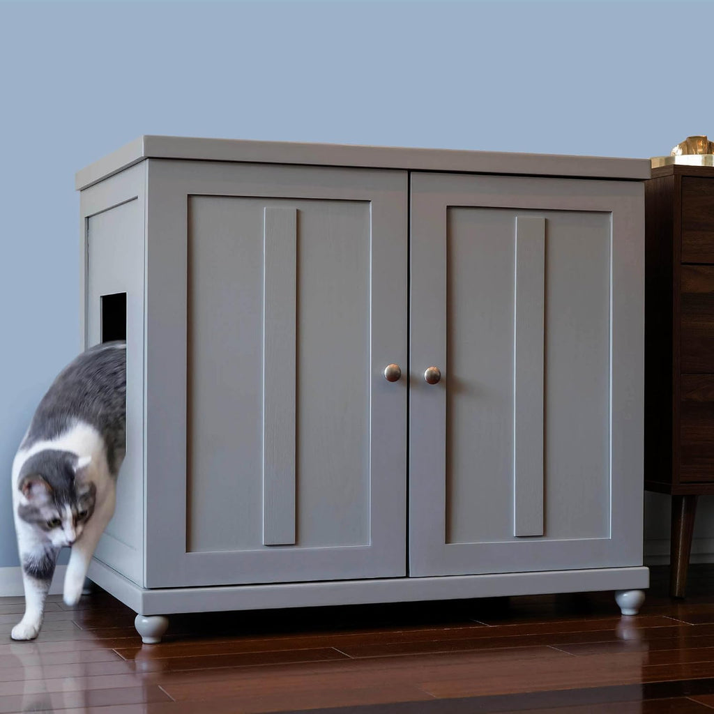 The Refined Feline Cat Litter Box Enclosure Cabinet, Shaker, Smoke Gray, Tulip Feet, XLarge, Hidden Litter Cat Furniture with Drawer