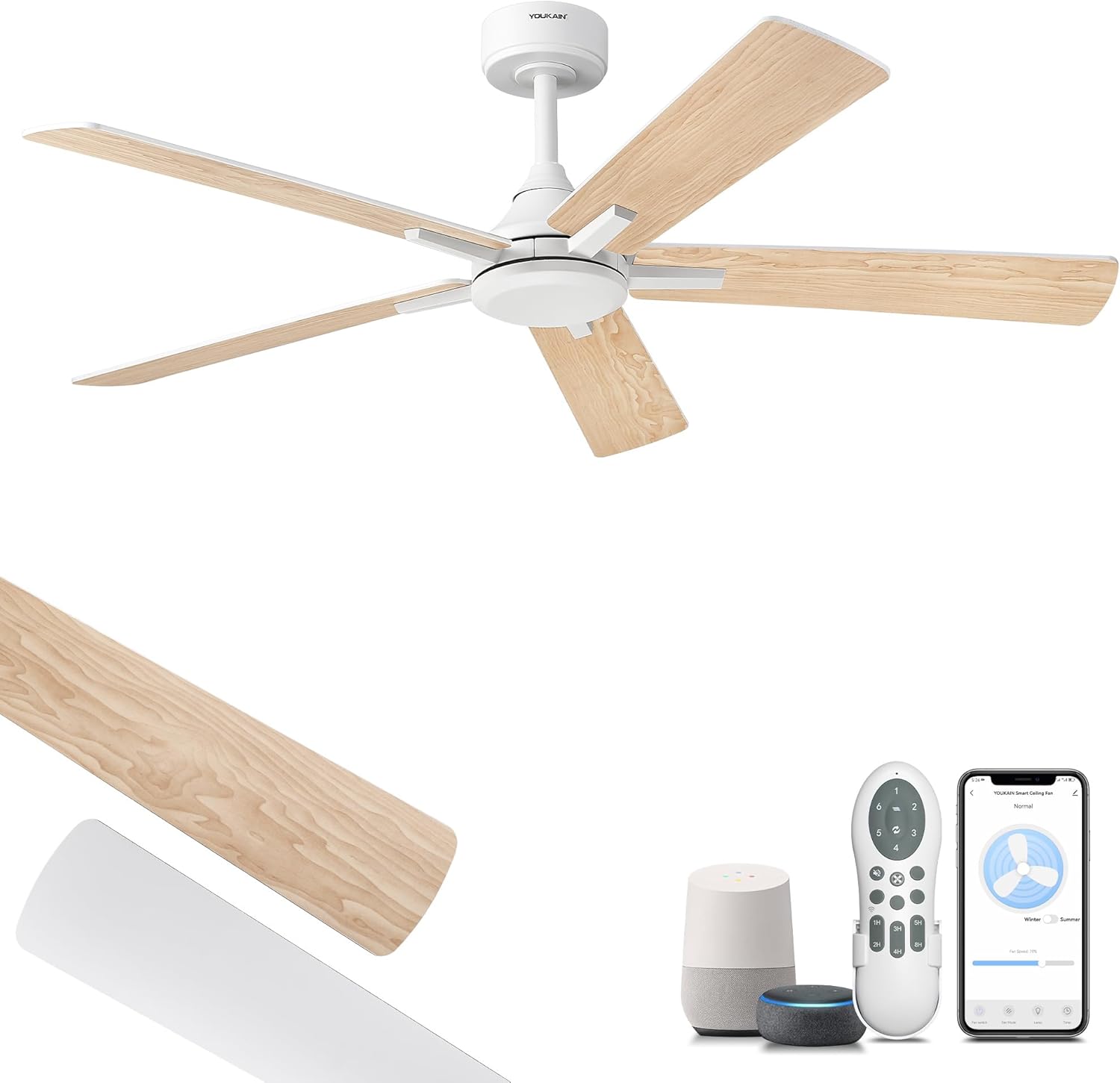 YOUKAIN Ceiling Fan No Light, 52 Inch White Ceiling Fans, Smart Ceiling Fans with Remote & APP Control, Reversible Blades, Cover Outdoor Ceiling Fan for Living room, Bedroom, 52-YJ812-WH-NL