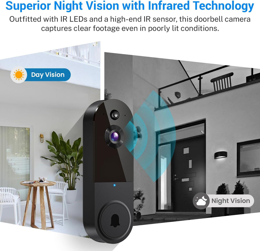 1080p Wireless Video Doorbell Camera with Indoor Receiver, AI Human Detection, 2-Way Audio, Night Vision, Cloud Storage, Real-Time Alerts, Smart Home Protection (Black)