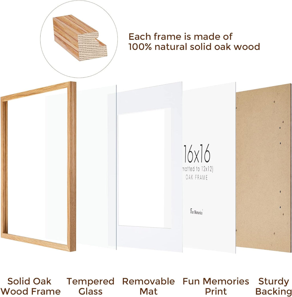 16x16 Oak Wood Picture Frame, 16"x16" Picture Frame Matted to 12"x12", Square Frame 16 x 16 with Real Glass, 16x16 Wood Frame for Wall - Beige Oak Color, 1 Pack