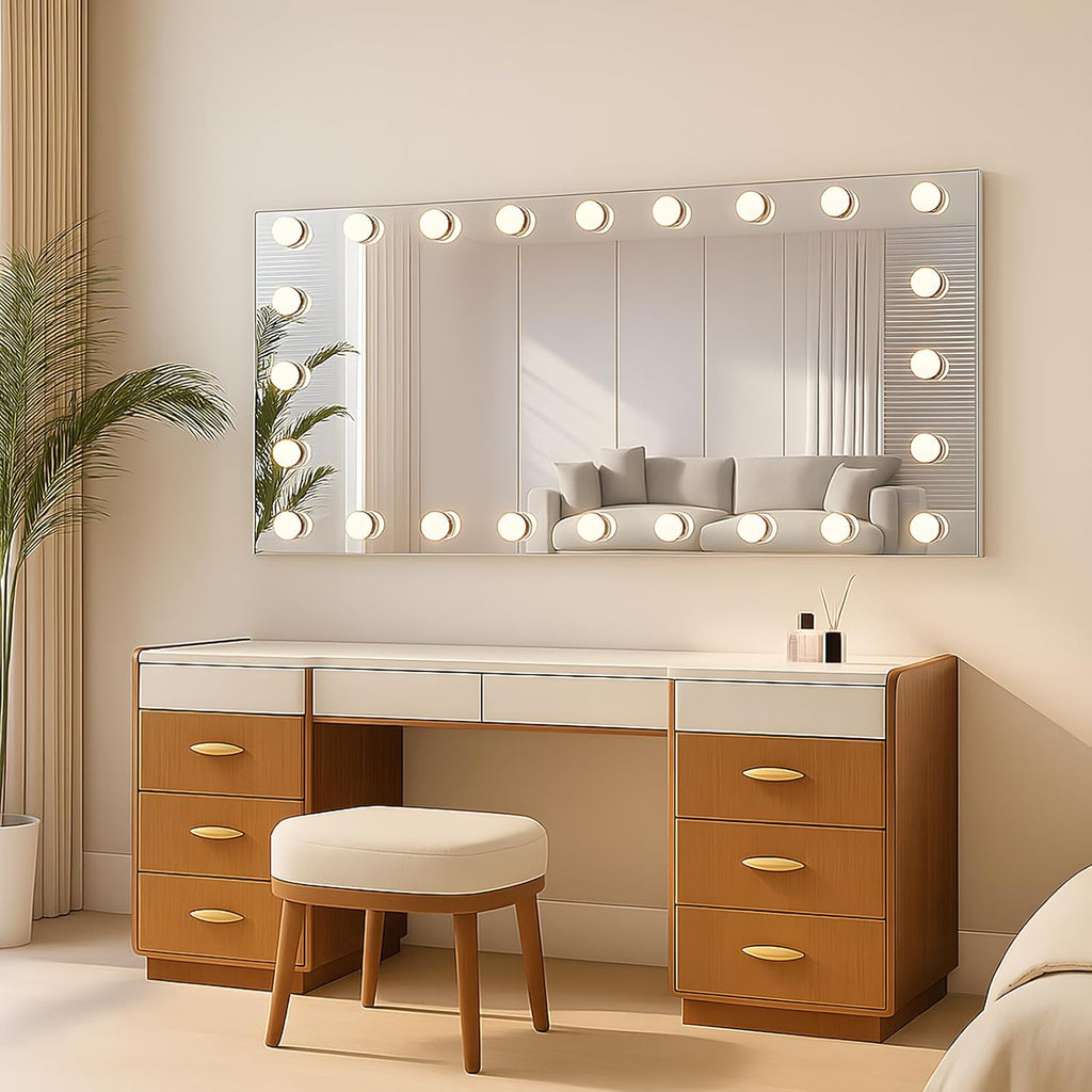 WTTY LED Bathroom Mirror with Lights 60"x30" Hollywood Wall-Mounted Mirror with 3 Color Temperatures, Stepless Dimmable Bulbs, Anti-Fog & Shatter-Proof