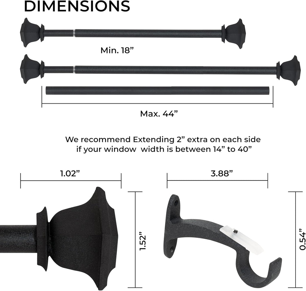 Deco Window Adjustable Curtain Rod for Windows 18 to 44 Inch (Pack of 1) Extendable Heavy Duty 1 Inch Iron Drapery Pole with Finials Wall Mounted French Door Curtain Rods (Black)