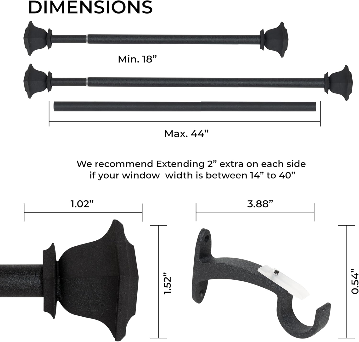 Deco Window Adjustable Curtain Rod for Windows 18 to 44 Inch (Pack of 1) Extendable Heavy Duty 1 Inch Iron Drapery Pole with Finials Wall Mounted French Door Curtain Rods (Black)