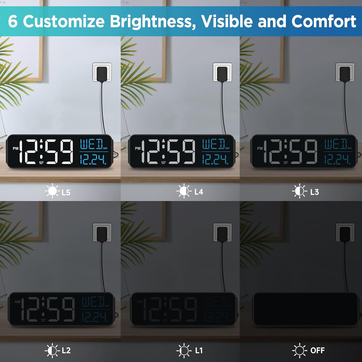 Peakeep Large Display Digital Alarm Clock for Bedrooms, Date Day of Week Calendar Desk Table Clocks for Living Room Office, Dimmable Plug in Electric Clock, 5 Volumes, Loud, Auto DST