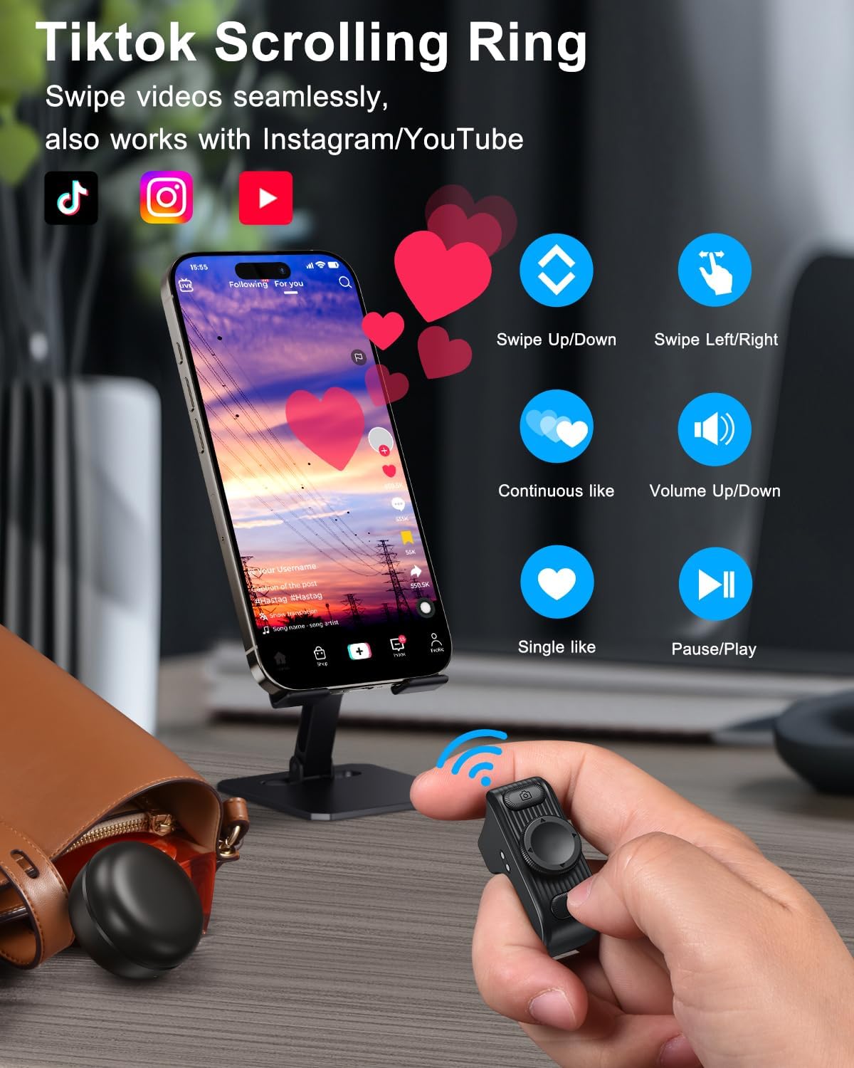 [New Upgrade, Easy to Use] TikTok Scrolling Ring Remote Control, Camera Shutter Remote, Wireless Bluetooth Scrolling Ring for iPhone, iPad, iOS, Android - Black