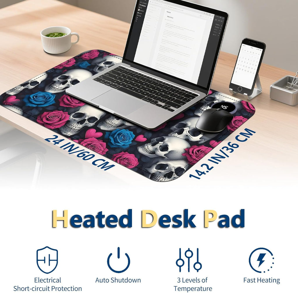 Heated Mouse Pad with 3 Temperature Settings(104°F–122°F),Large 24x14.2 Inch PU Leather Heated Desk Mat,Waterproof Warming Pad for Office,Gaming & Cold Hands Relief,Skeleton Skulls Flower