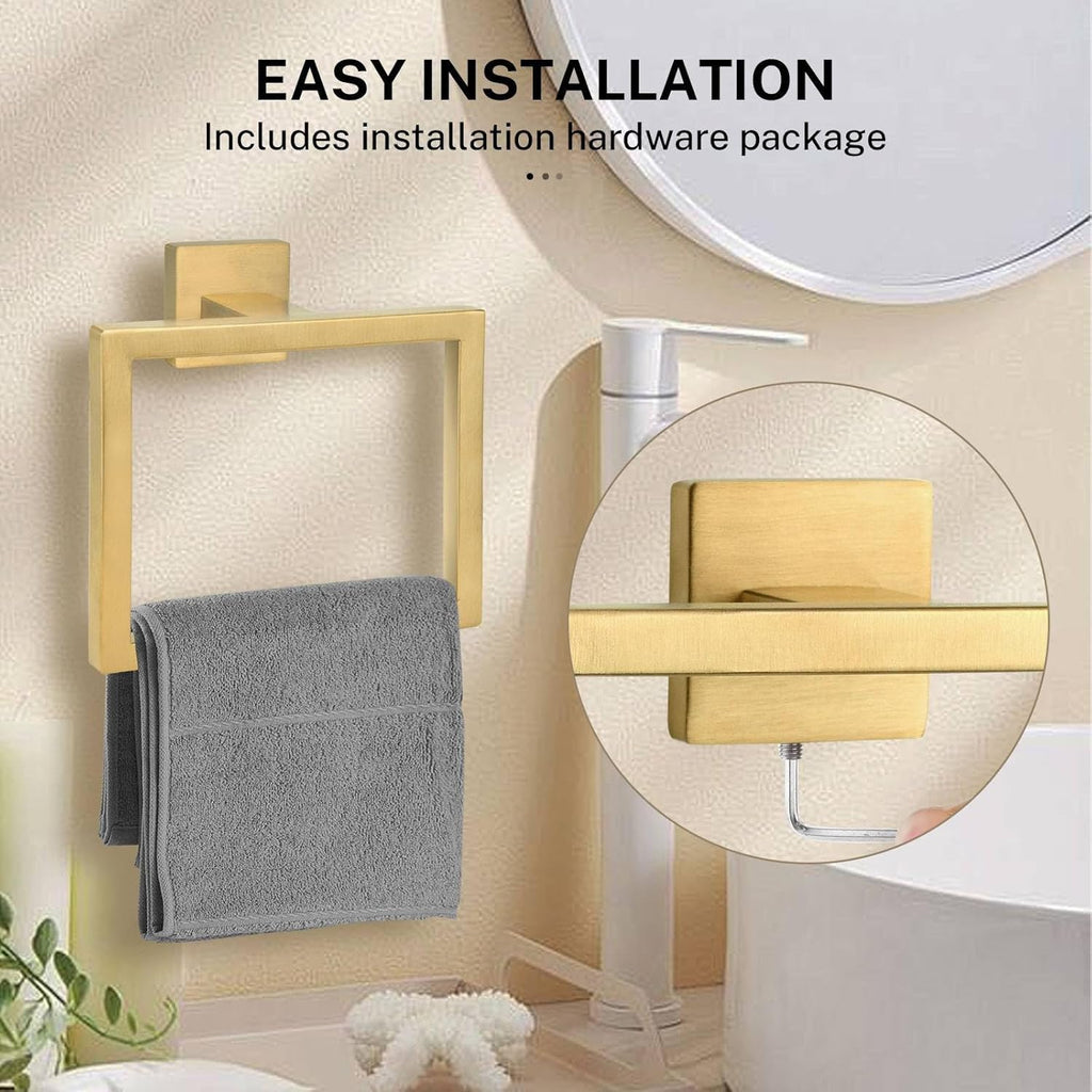 2-Piece Brushed Gold Towel Ring,Square Hand Towel Holder,Stainless Steel Modern Towel Holder Wall-Mounted Bathroom Towel Ring Towel Rack