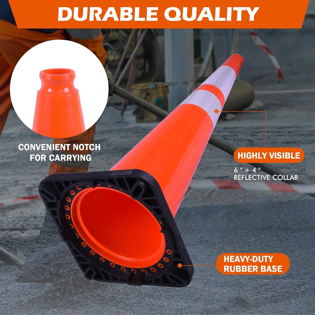 6 Pack 36 Inch Orange PVC Traffic Cones with Black Base, Stable Large Size Safety Cones for Highway, Construction, and Outdoor Use (6, Orange, 36 Inch)