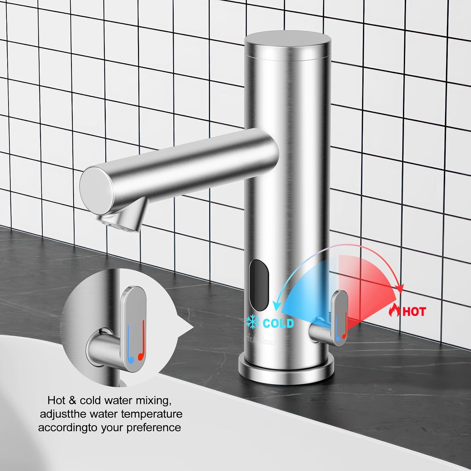 Achelous Stainless Steel Automatic Touchless Bathroom Sink Faucet, Hands Free Infrared Sensor Basin Faucet with Temperature Control, Battery Powered Sensor Bathroom Tap Brushed Nickel