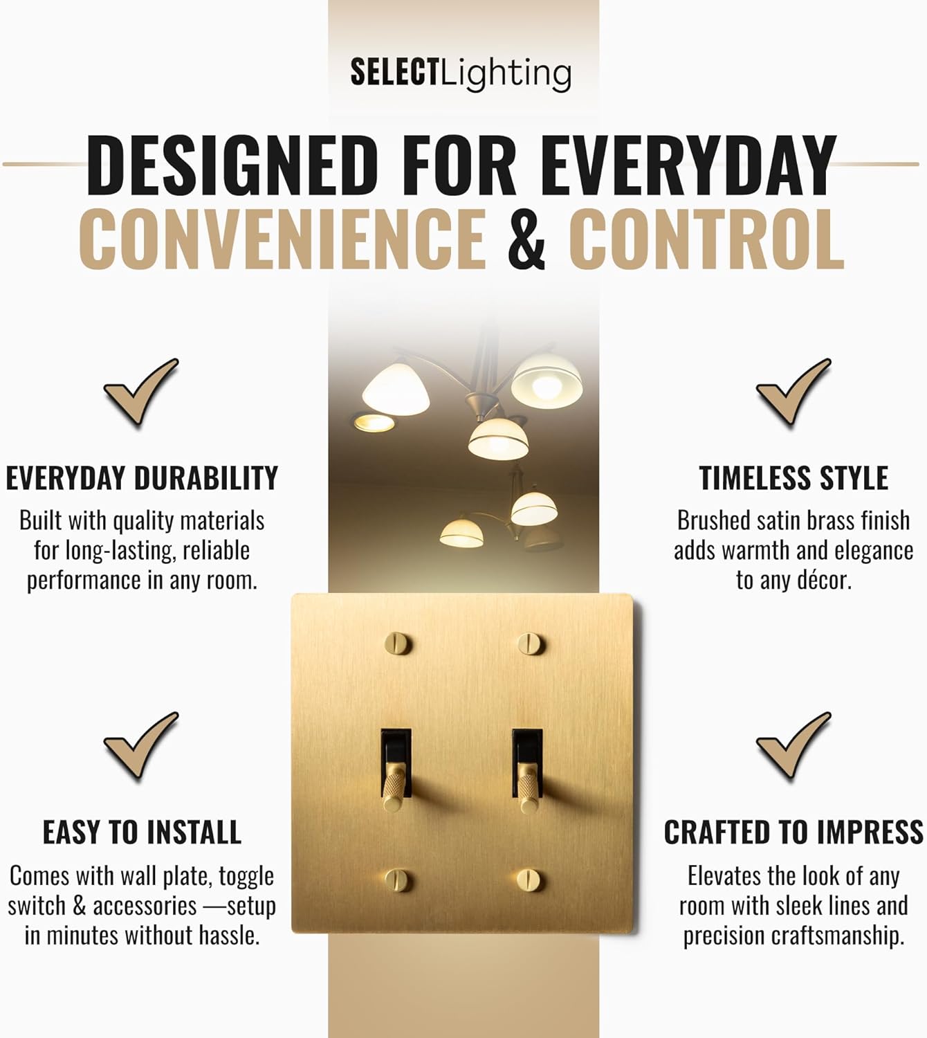2-Gang Satin Solid Brass Plated Toggle Switch, 15A 120V AC Wall Mount, 3-Way Compatible Vintage Style Single Pole with Faceplate & Switch Module