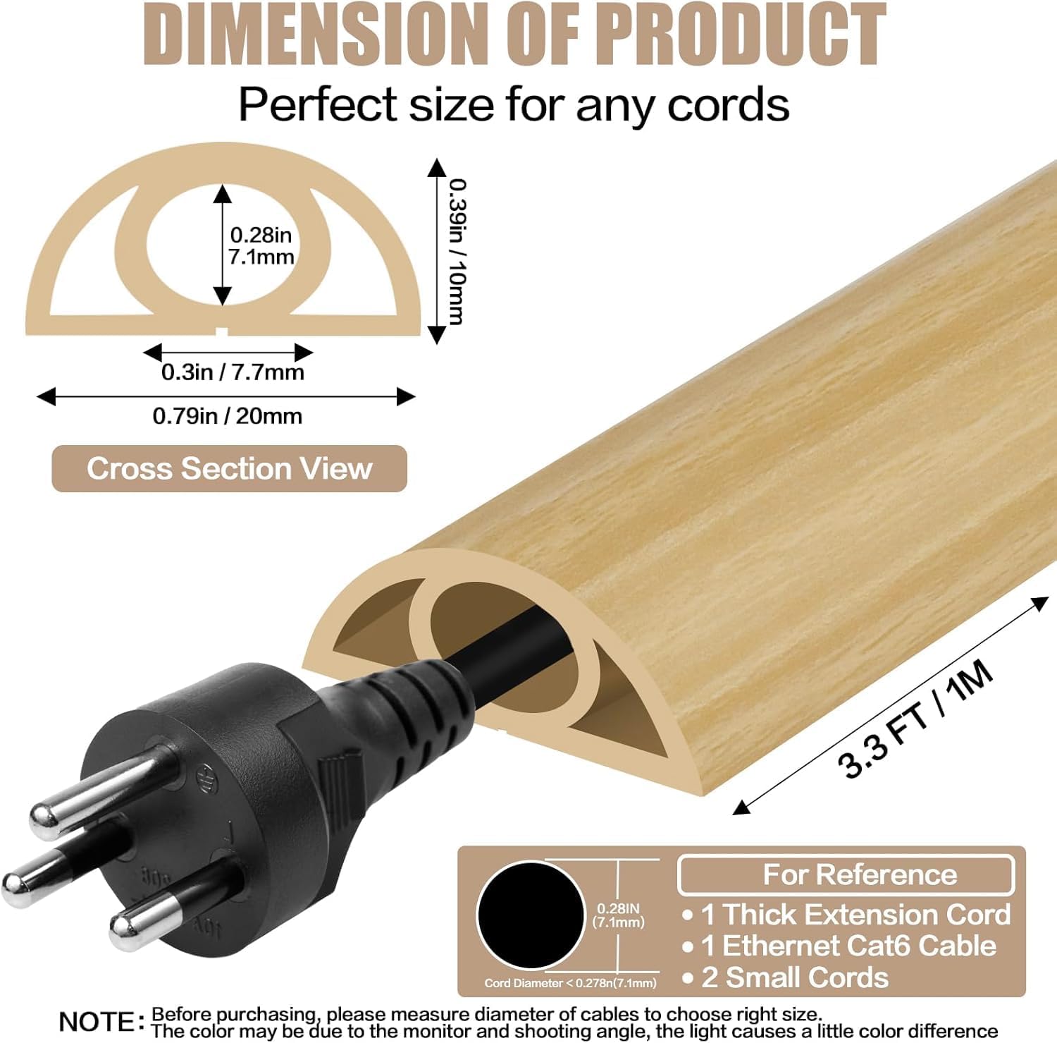 Floor Cord Cover Self Adhesive Cord Hider,3.3FT Cable Management, Extension Strip Protector for Wires, Prevent Cable Trips for Offices, Gyms, Exhibitions Cavity:0.3"(W) x0.28(H) WoodLightyellow