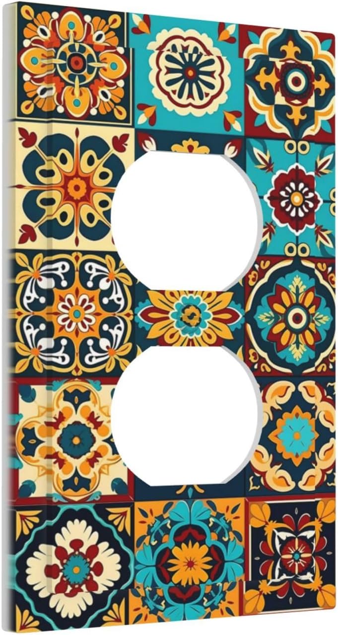 Mexican Talavera Ceramic Tile Moroccan Boho Outlet Covers 1 Gang Duplex Light Switch Cover Decorative Switch Plates Electrical Receptacle Faceplate Wall Plate for Bathroom Kitchen Decor