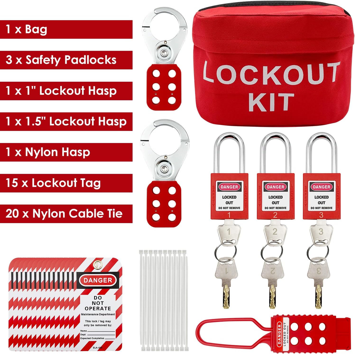 JOJOMARK Lockout Tagout Kit Electrical Loto - Group Lockout Hasps, Lockout Tags, Safety Padlocks with Number, Nylon Ties with Pocket Bag (Red Bag kit)