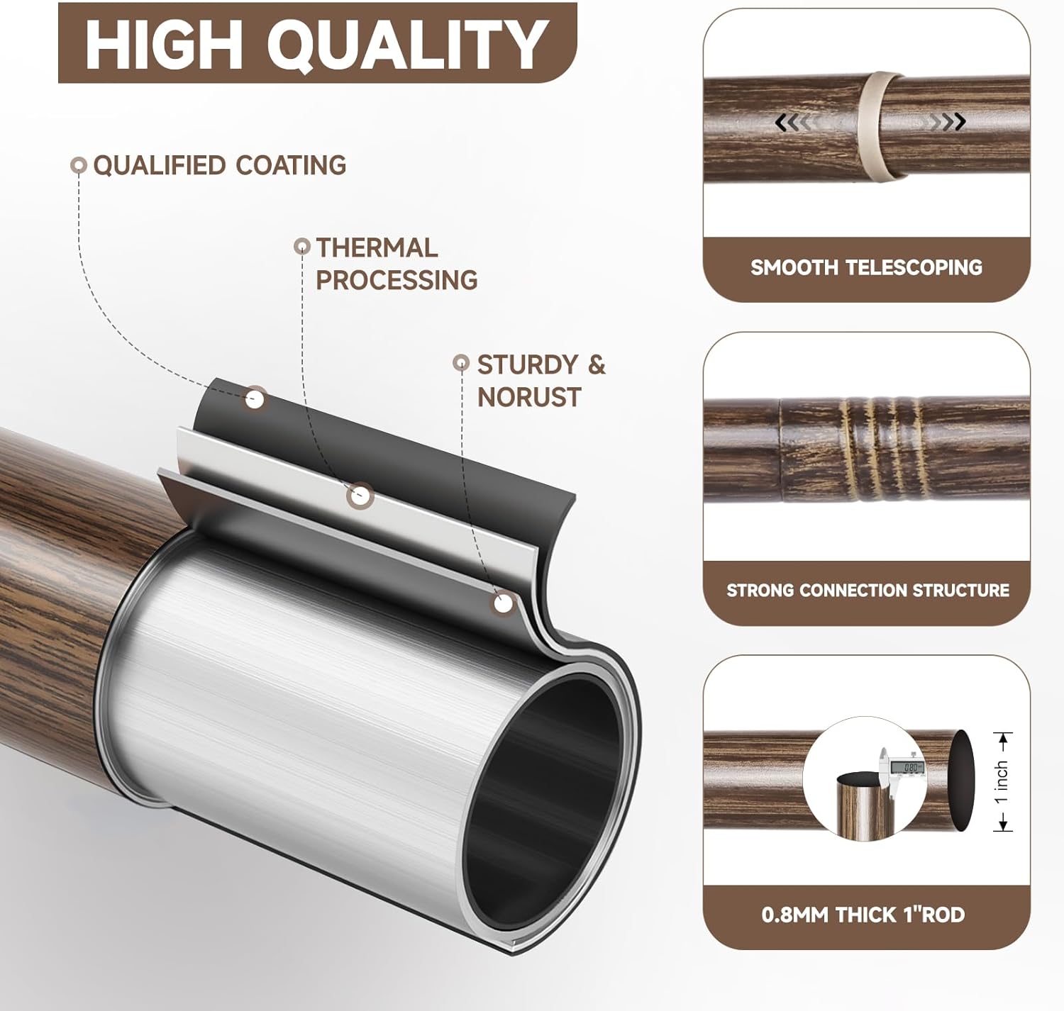 BRIOFOX Walnut Wood Curtain Rods for Windows 72 to 144 Inch(6-12ft) - 1'' Diameter Heavy Duty Curtain Rods with Imitation Wood Grain Pattern Finials,Adjustable Decorative Curtain Rods Set,28-144''