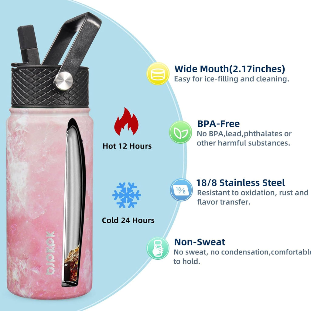 BJPKPK 2 Pack Insulated Water Bottles with Straw Lids, 18oz Stainless Steel Metal Water Bottle with 6 Lids, Leak Proof BPA Free Jugs, Cups, Flasks for Travel, Sports (Blossom+Ocean)