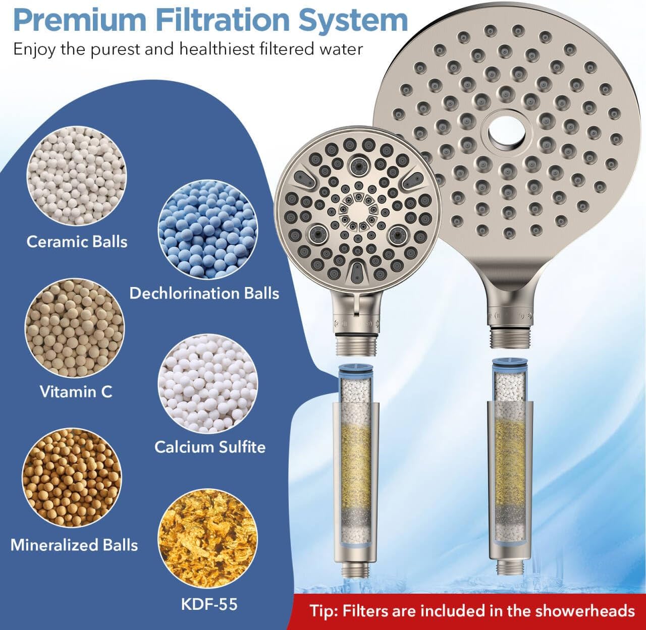 MakeFit Dual Filtered Rain Shower Head Combo, High Pressure Handheld Shower Head with Adjustable Bar - Rainfall Shower Head And Showerhead with Filter for Hard Water - Removes Chlorine(Brushed Nickel)