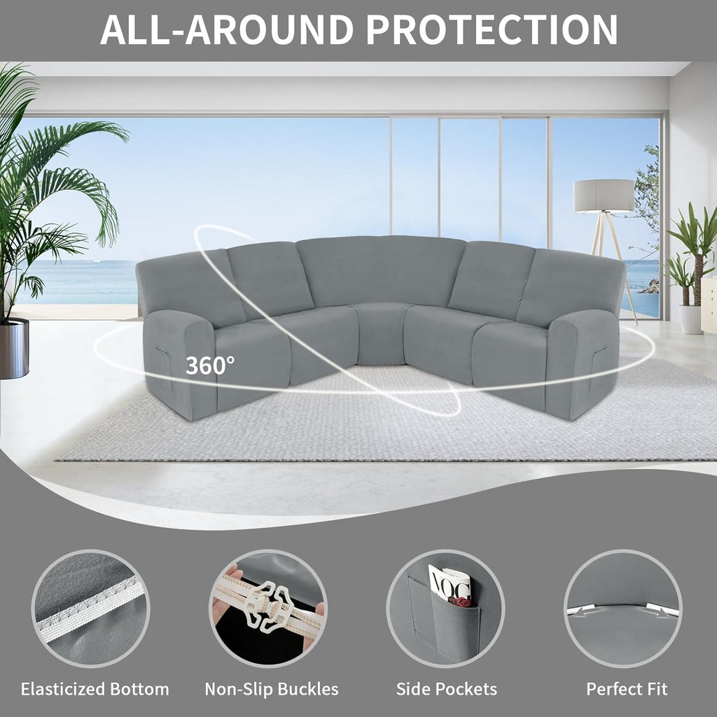 Easy-Going 100% Waterproof Recliner Cover, Stretch Couch Covers for Reclining Couches, Extra Large Sectional Sofa Slipcover, L-Shape Furniture Protector for Kids & Pets, 5 Seater, Light Gray