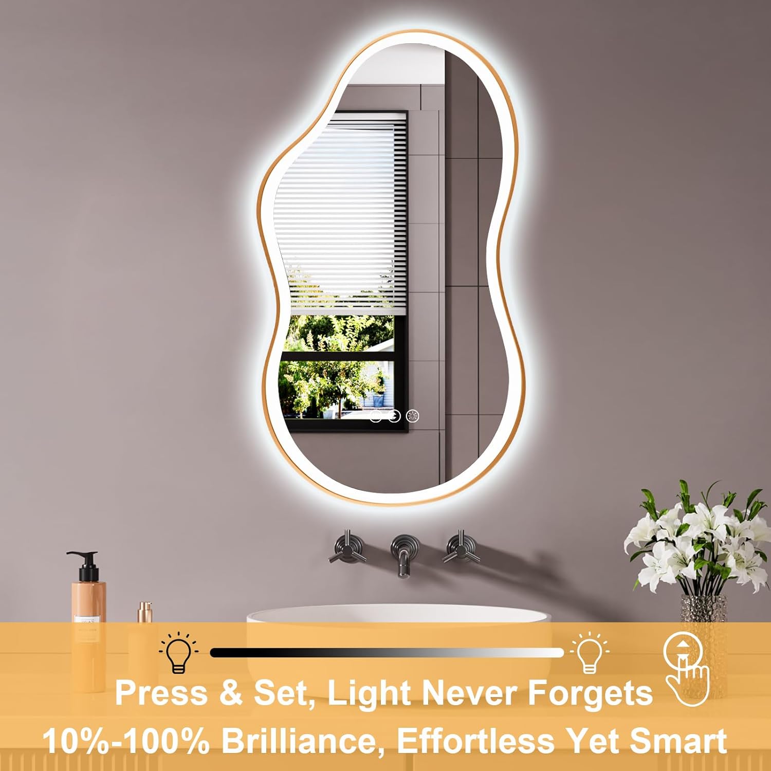 WTTY LED Irregular Bathroom Mirror 26x46 Inch with Front & Back Lights - Asymmetrical Design, Anti-Fog, Dimmable 3 Color Temperatures, Shatterproof Glass, Horizontal or Vertical Mount (Gold Frame)