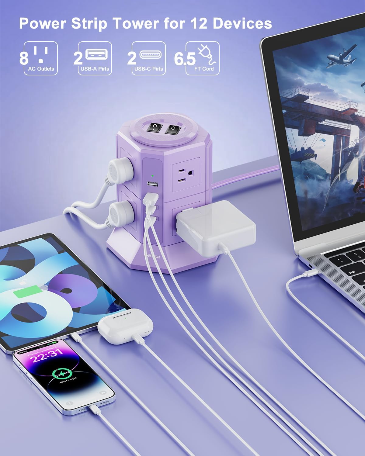 Flat Plug Power Strip Tower with 8 Outlets 4 USB Ports (2 Type C), Surge Protector Power Strip with 6.5 FT Extension Cord, Outlet Extender Charging Station with Multiple Outlets for Home Office Dorm
