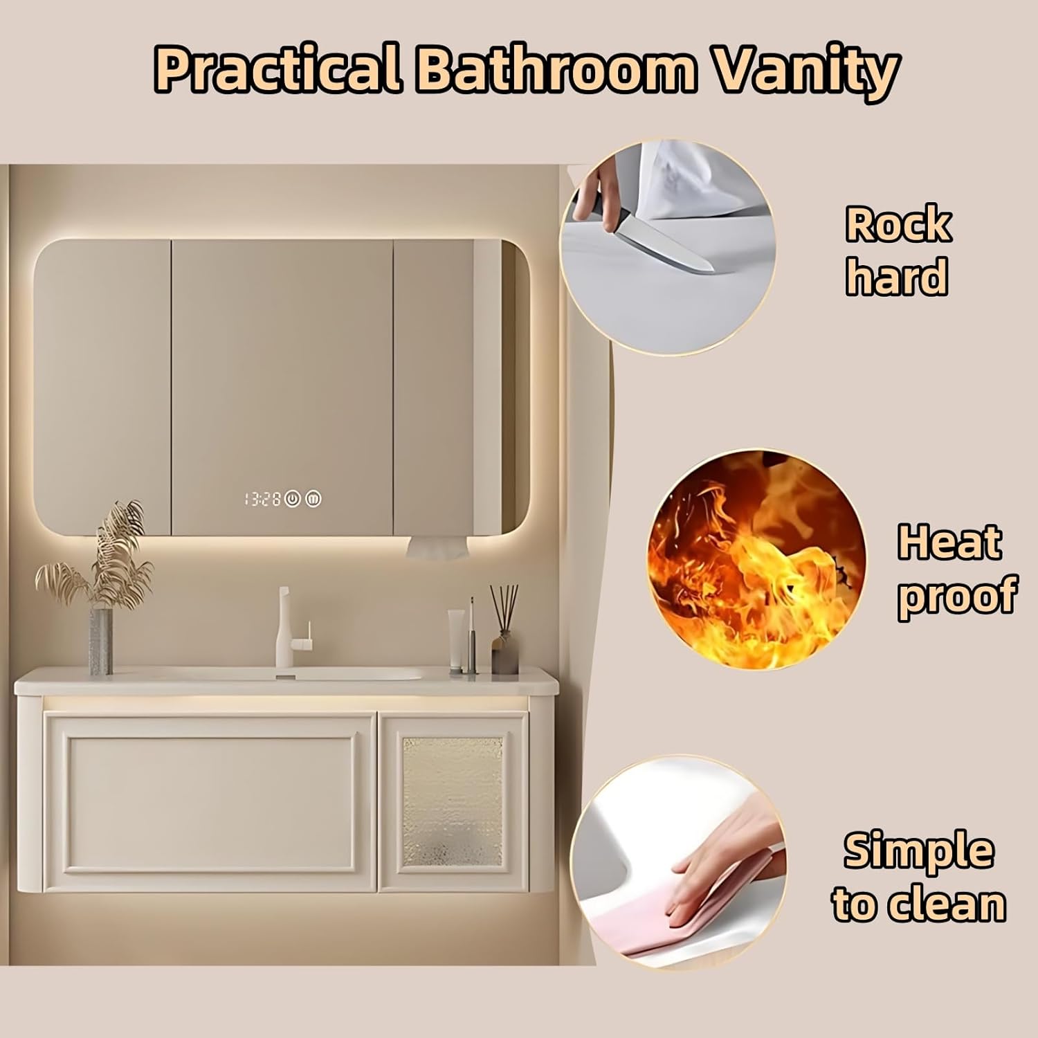 52IN Wall Mounted Bathroom Vanity Set - Wood Bathroom Vanities has Tissue Hole Design | Includes Smart Defogging Mirror Cabinet & Time Display, Rounded Corners, Glass Cabinet Doors (Style A)