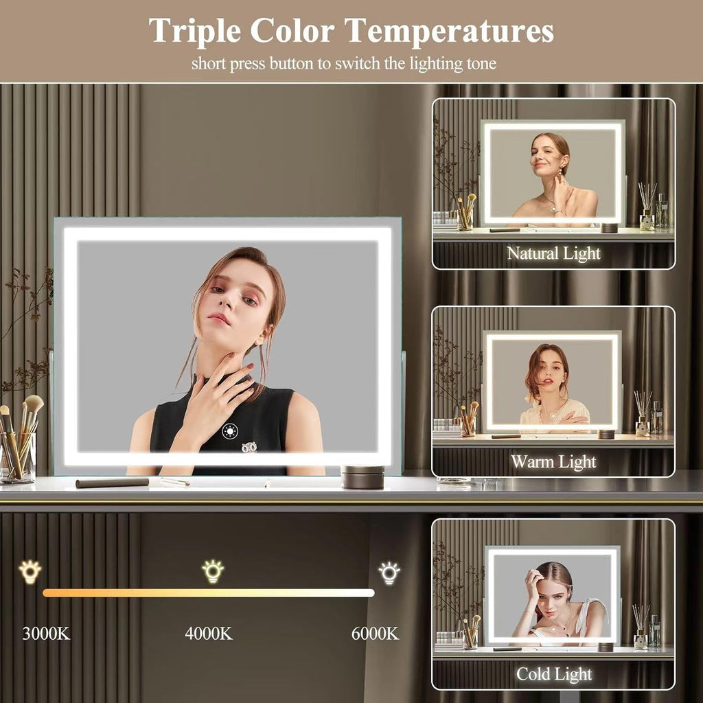 Ligheted Vanity Mirror with Lights, 14" x 10" LED Makeup Mirror, 3 Modes Light, Smart Touch Control Dimmable, 360°Rotation, Rectangle White Frame