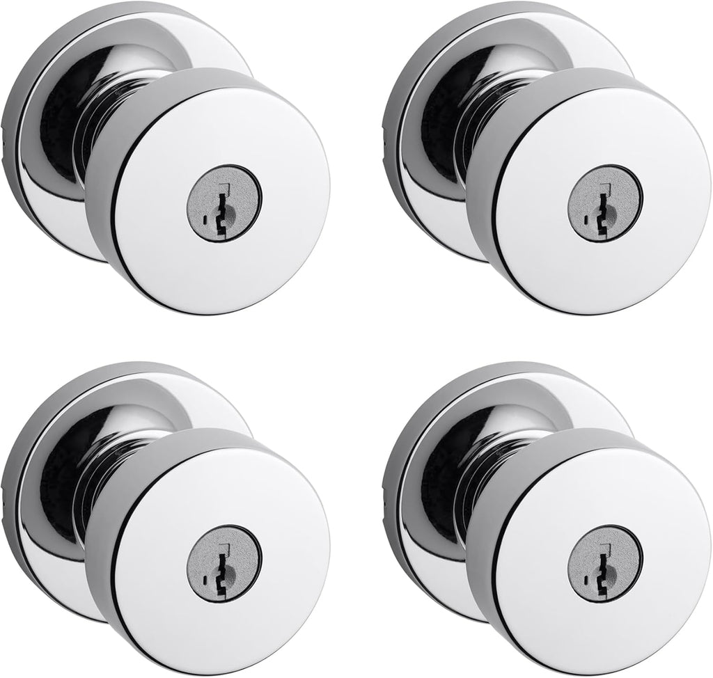 Kwikset Pismo Entry Door Knob with Lock and Key, Secure Keyed Handle Exterior, Front Entrance and Bedroom, Polished Chrome, 4 Pack, Pick Resistant SmartKey Rekey Security