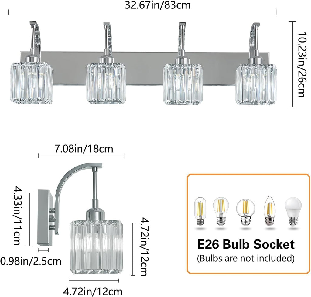 Crystal Vanity Lights 4-Light Chrome Bathroom Vanity Lights Modern Crystal Bathroom Light Fixtures Over Mirror 32.67" Long Vanity Light for Bathroom
