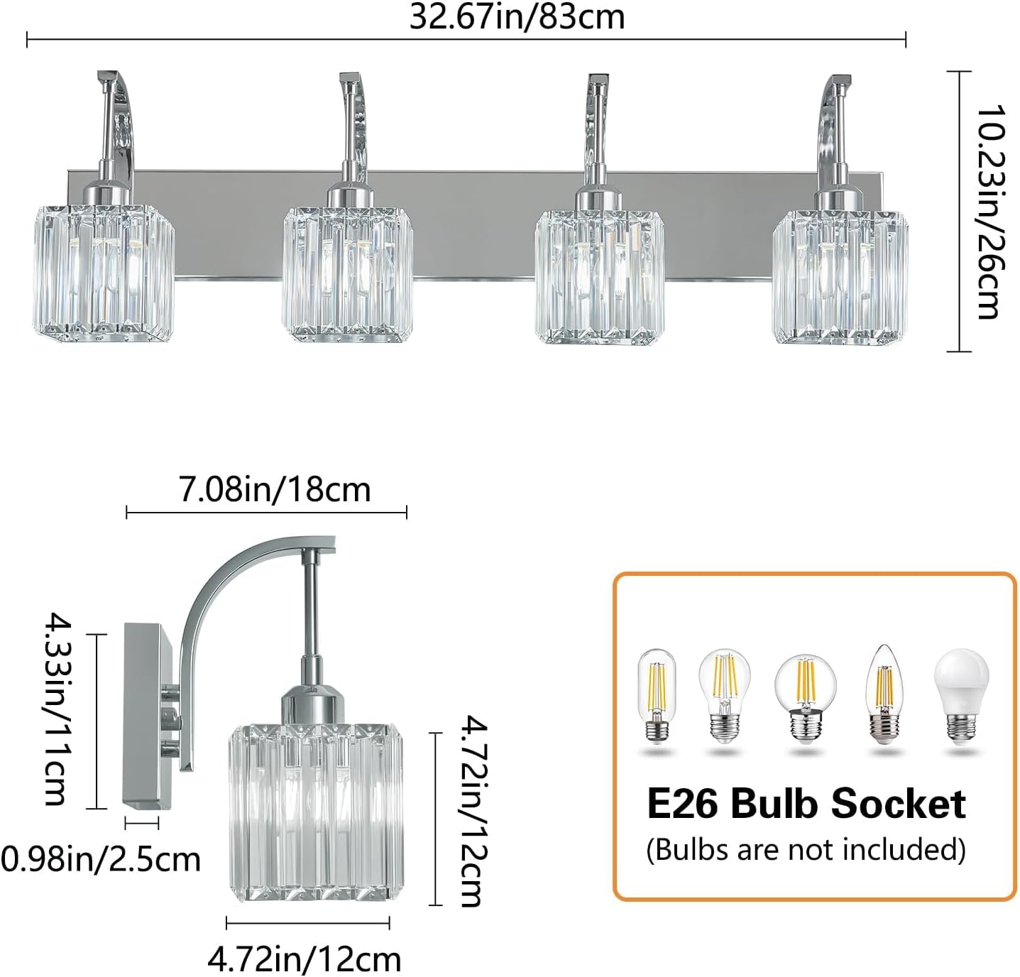 Crystal Vanity Lights 4-Light Chrome Bathroom Vanity Lights Modern Crystal Bathroom Light Fixtures Over Mirror 32.67" Long Vanity Light for Bathroom