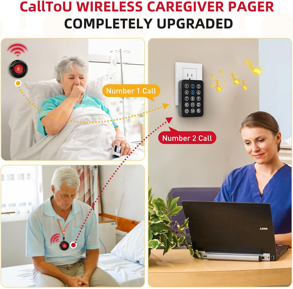 CallToU Wireless Caregiver Pager Nurse Call Button for Elderly LED Call Light Nurse Alert System Call Bell for Patients at Home Clinic/Medical Institution/Nursing Home (15 Call Button + 2 Receiver)