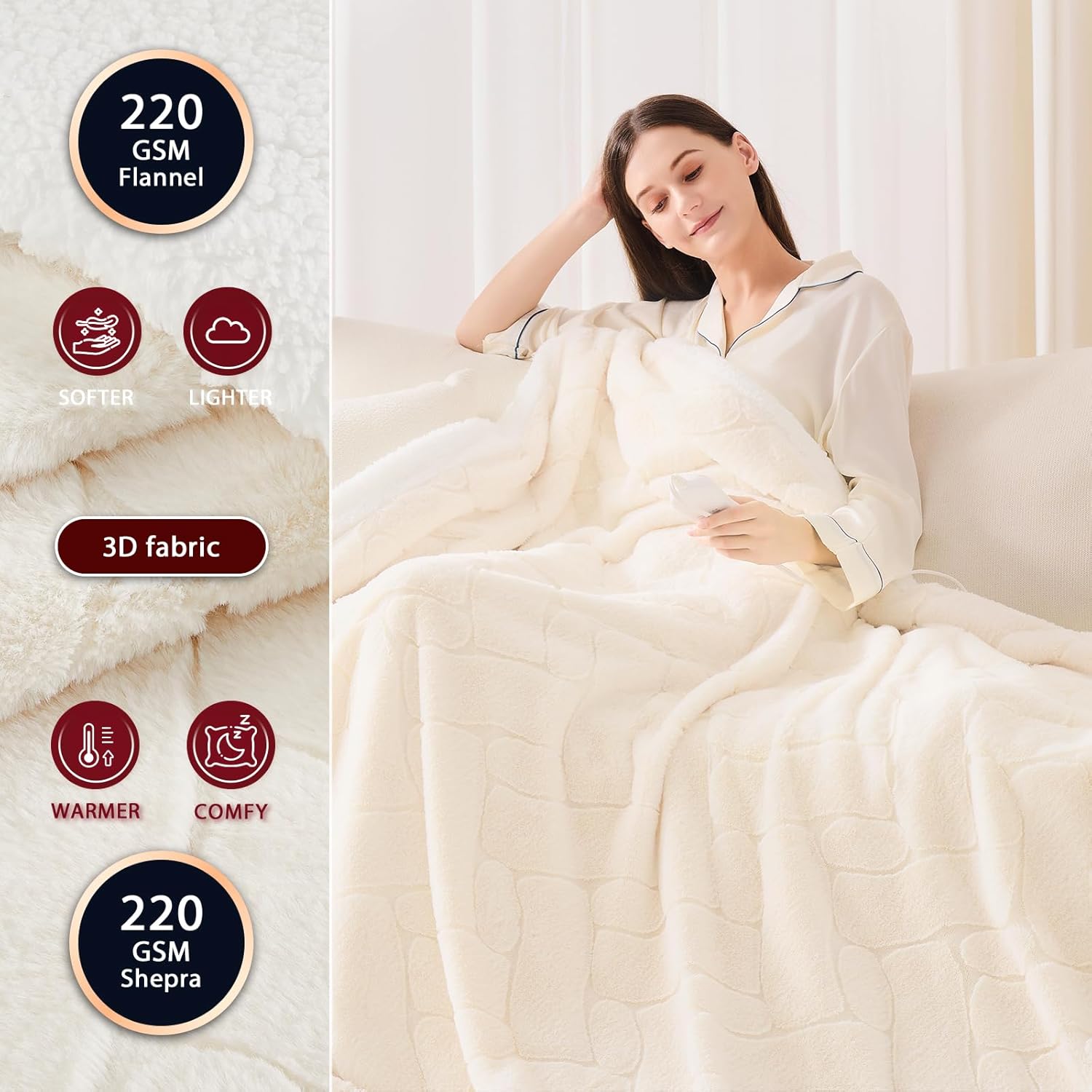 Heated Electric Blanket- Electric Throw Blanket 100"x90" for Bed- Heated Blanket with 5 Heating Levels& 4 Hours Auto Off for Home Office - Soft Faux Fur Heating Blanket for Full Body(Beige)