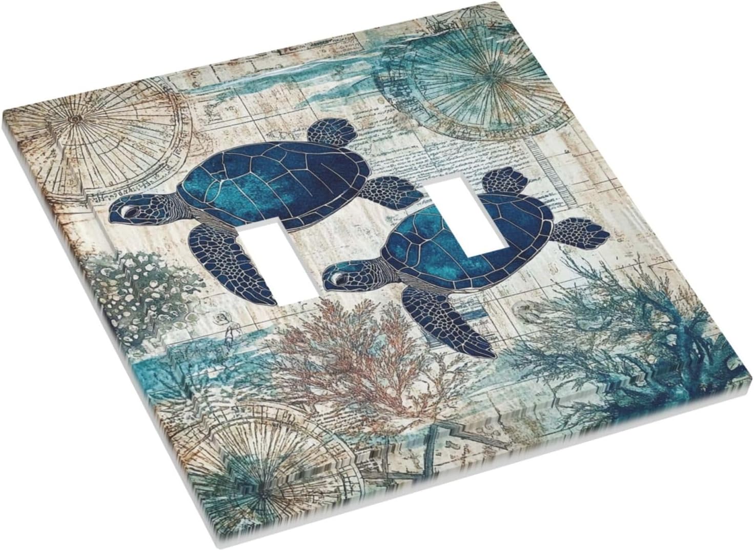 Blue Green Sea Turtle Tropical Ocean Coral Nautical Map Decorative Switch Plates 2 Gang Double Toggle Outlet Light Switch Cover Wall Plate Electrical Faceplate For Bed Room Bathroom Decor