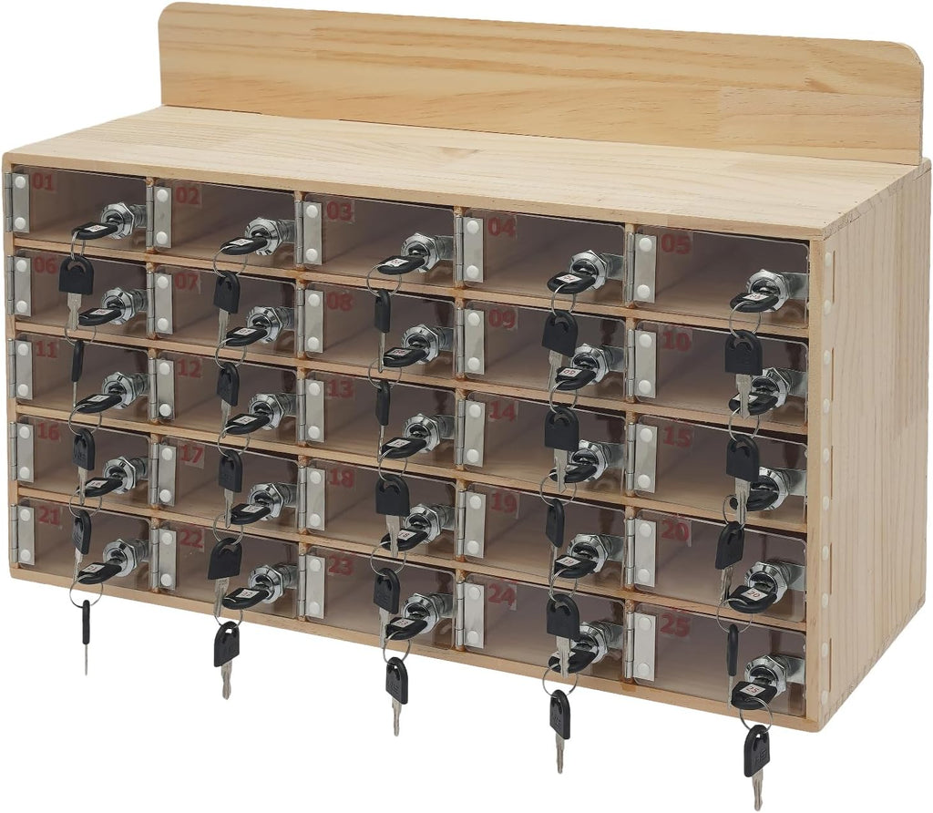 Cell Phone Locker Box 25 Slots Cell Phone Organizer Cabinet with Combination Locks Wall-Mounted Locking Cell Phone Storage Box for Classroom Office,Shool,Office (25 Slots, Wood+Acrylic)