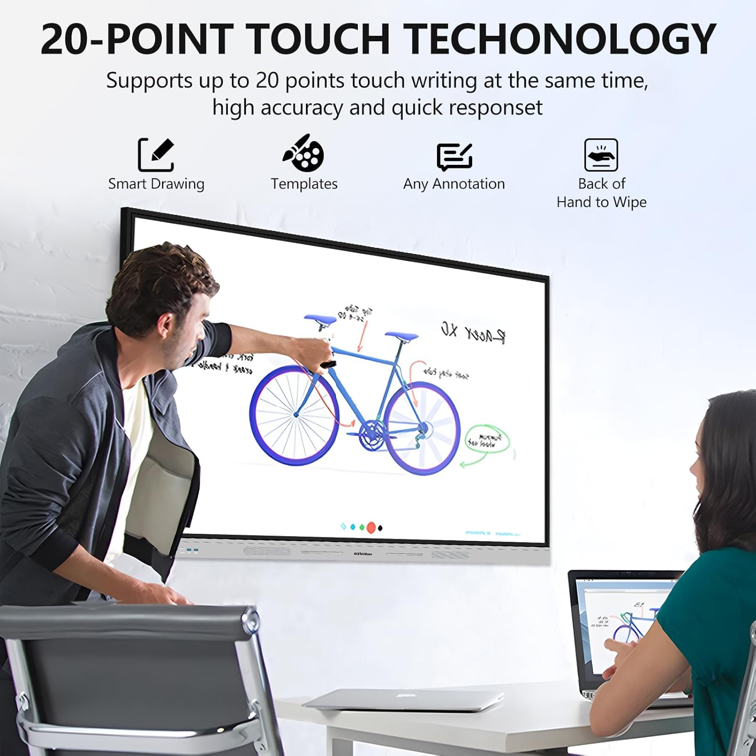 Smart Board 65 inch 4K Interactive Whiteboard Touch Screen, Digital Smart Whiteboard for Classroom and Business with Android 14.0-8+128 GB(Wall Mount Included)