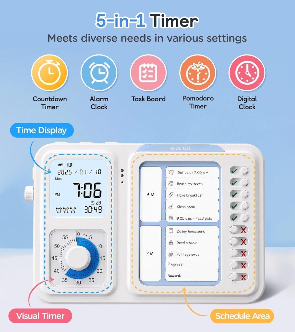 3-in-1 Visual Timer & ADHD Tool for Kids|Adults, Task Timer with Chore Chart Board, Visual Schedule for Kids with Autism, Daily Checklist for Home, School, Classroom, Desk
