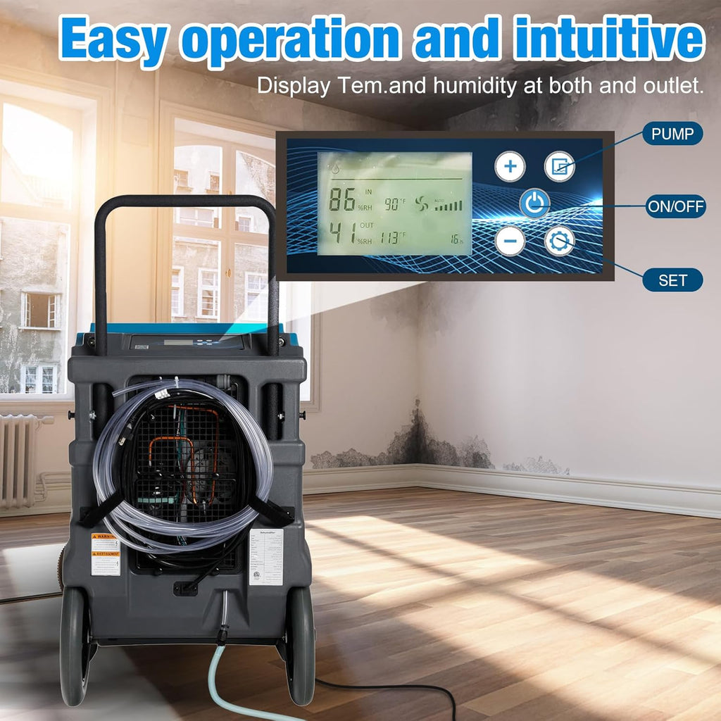 MOUNTO 310 Pints LGR Commercial Dehumidifier with Built-In Pump and Drain Hose – Portable, Heavy-Duty Dehumidifier with Wheels for Basements, Garages, Home, and Job Sites (Blue)