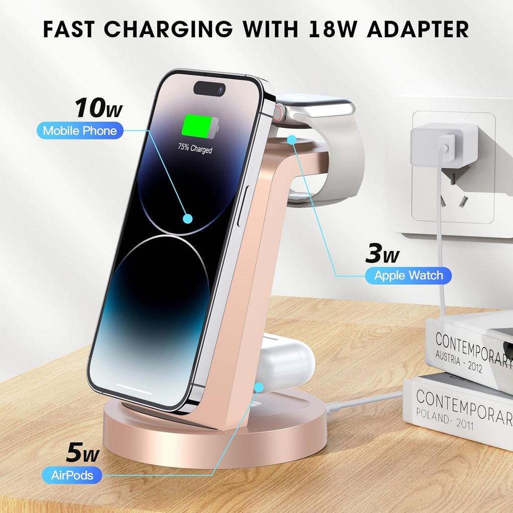 3 in 1 Charging Station for iPhone, Wireless Charger for iPhone 17 16e 16 15 14 13 12 11 X Pro Max & Apple Watch - Charging Stand Dock for AirPods (Rose)