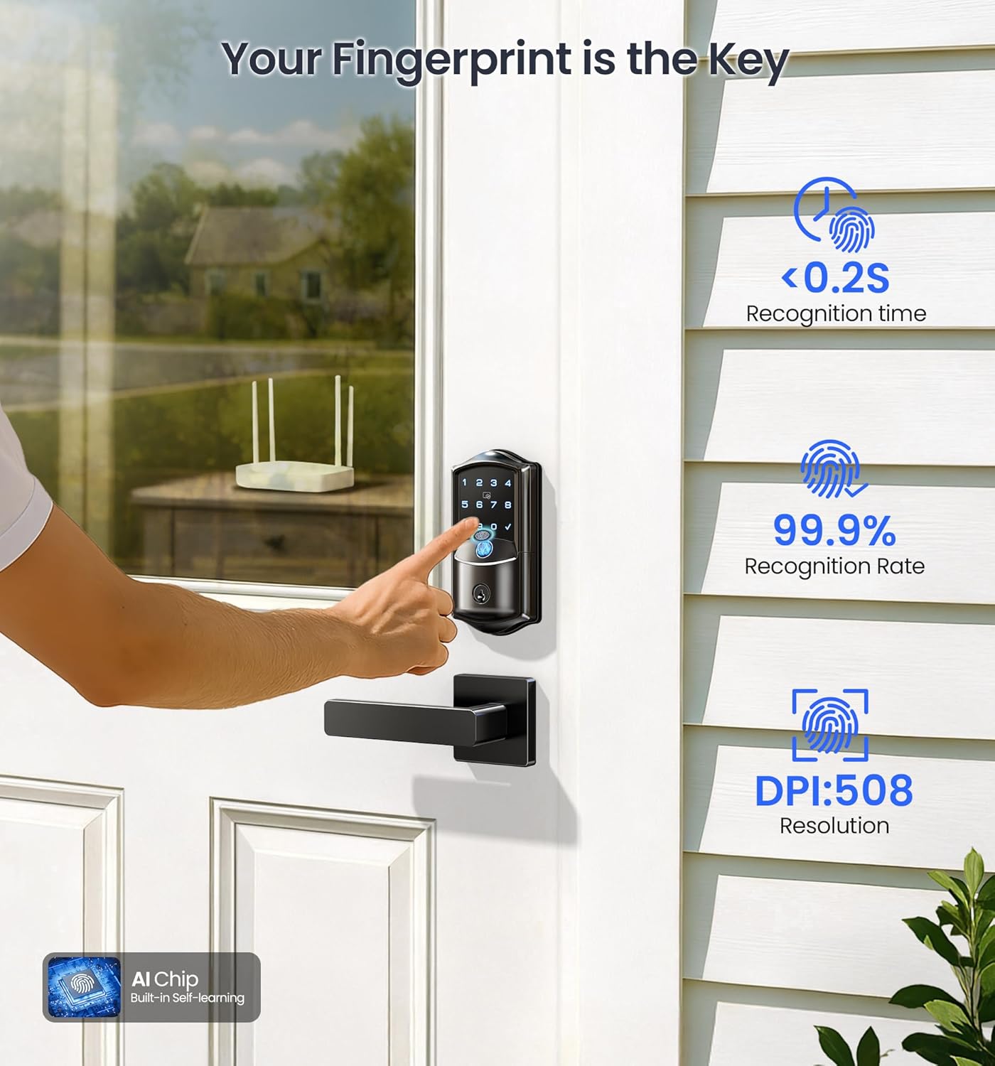 Veise VE027-L Built-in WiFi Smart Door Lock with Lever Handle Set, Fingerprint keyless Entry Door Lock, App Remote Control, Electronic Digital Keypad Deadbolt for Front Door, Auto Lock, Matte Black