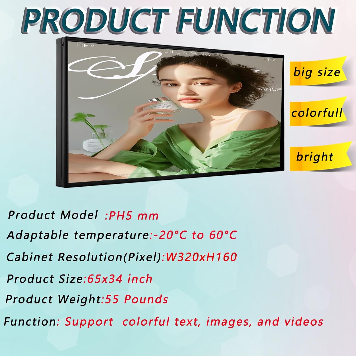 P5 Programmable Outdoor LED Business Sign 65"x34" P5 IP65 Waterproof, WiFi USB Control for Scrolling Text Image Video Advertising Display