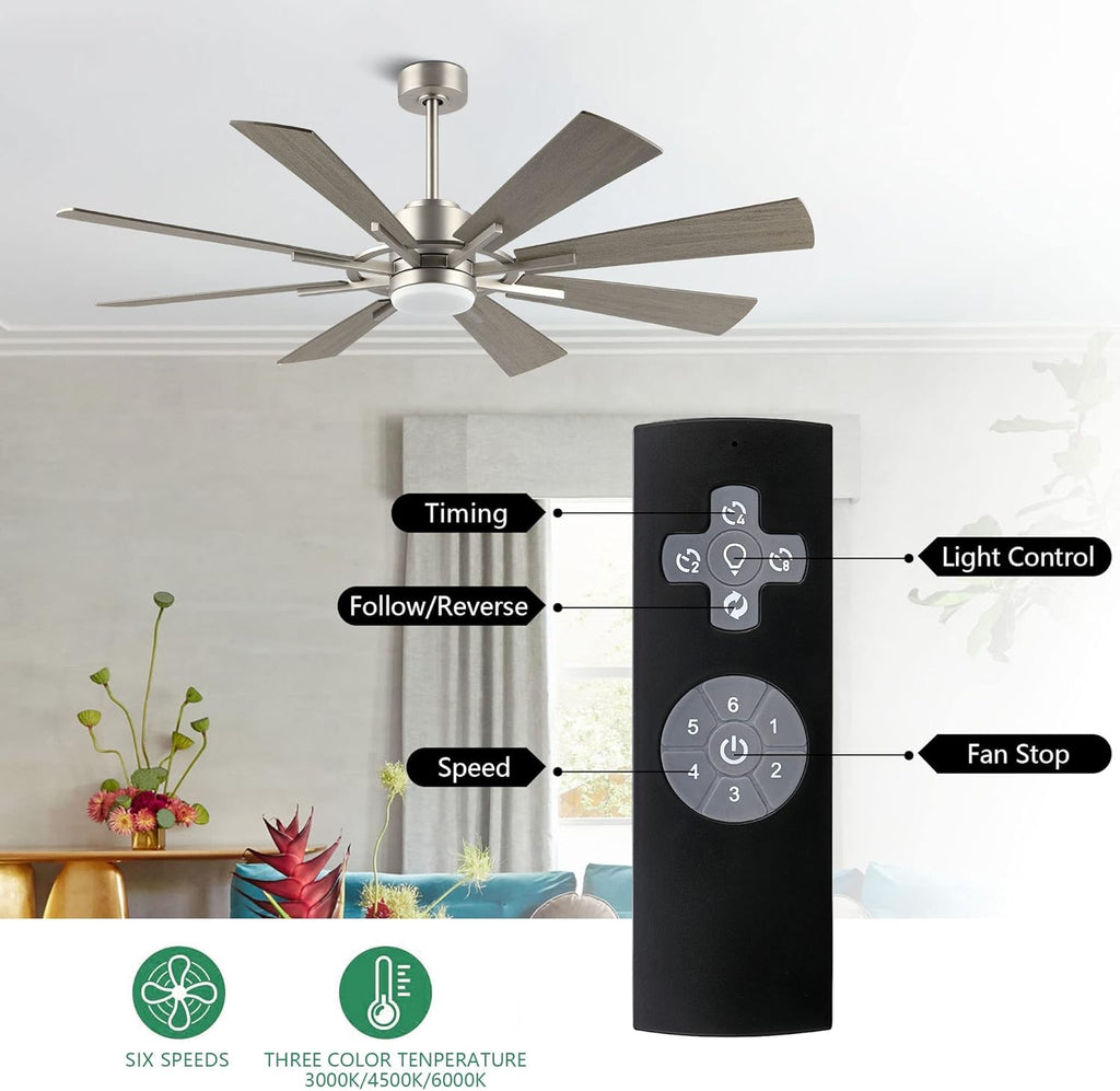 WINGBO 60" DC Ceiling Fan with Lights and Remote Control, Brushed Nickel and Gray Ceiling Fan, 8 Plywood Blades, 6-Speed Reversible DC Motor, Modern Ceiling Fans Indoor for Kitchen Bedroom Living Room